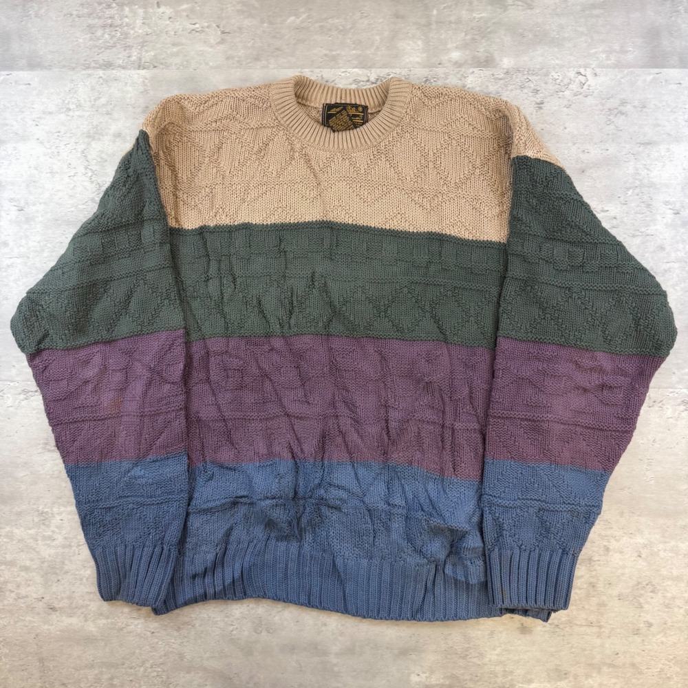 Vintage Eddie Bauer Mens L Colorblock Cable Knit Sweater USA Cotton Crewneck